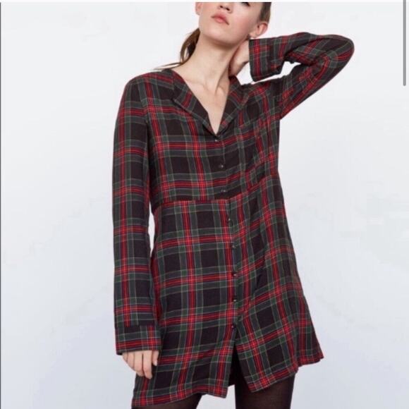 Zara Trafaluc Plaid Tartan Mini Dress Women XS Checkered Dark Academia - Picture 1 of 12